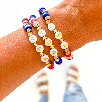 Red, White & Blue Star 4th of July: USA-Word Bracelet