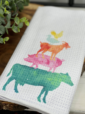 Watercolor Farm Animal Stack Weave Tea Towel
