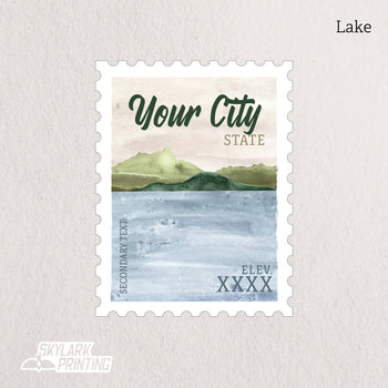 Custom Postage Stamp Souvenir Sticker with Your City, State: Lake / Gloss