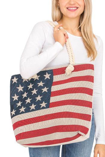 American Flag Burlap Canvas Tote Bag